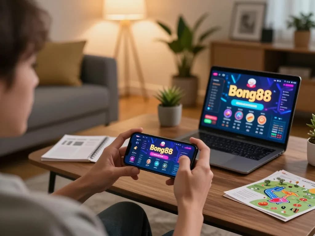 Engaging with the Bong88 app on a smartphone in a cozy home setting, promoting responsible gambling.
