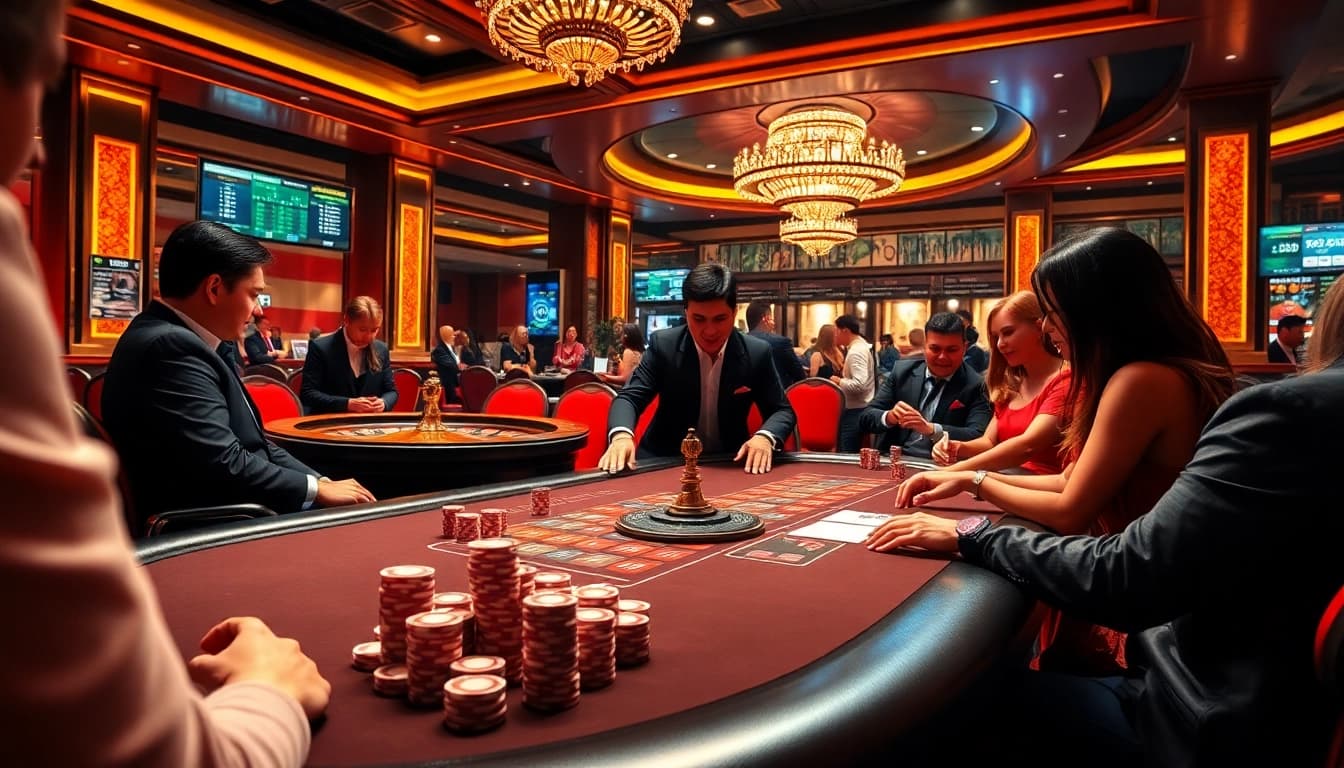 Engage in exciting gambling activities with Đăng Ký PS99 at a luxurious casino setting, featuring a poker table.