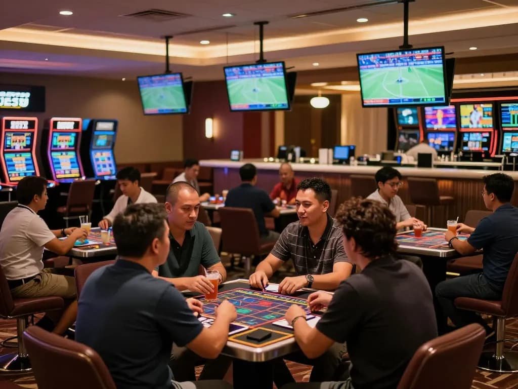 Engaging atmosphere at a ca khia sports betting lounge with bettors strategizing for high-stakes games