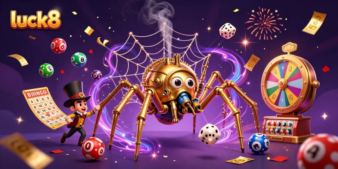 Engage with luck8 in this vibrant illustration featuring steampunk elements and dynamic gaming items.