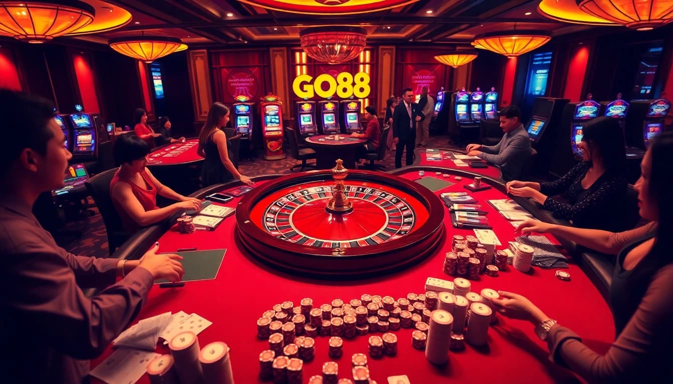 Experience excitement at GO88 with a vibrant casino scene showcasing roulette and poker.