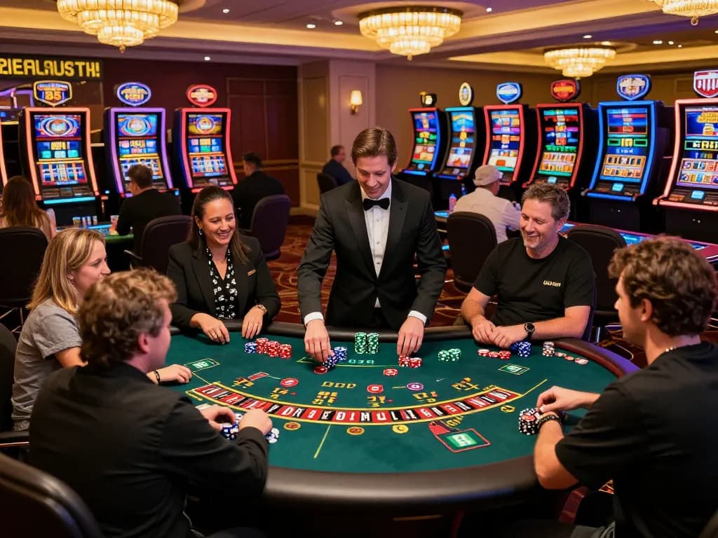EE88 players engaging in intense poker gameplay at a vibrant casino, showcasing excitement and strategy.