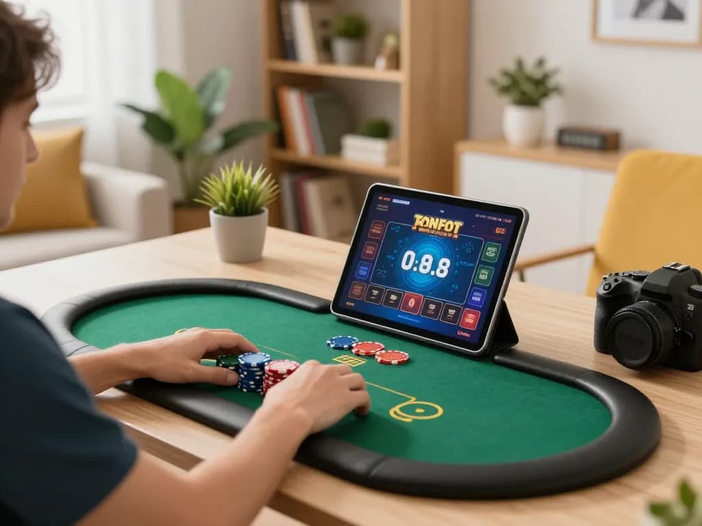 Engaging in online gaming on Trang Chủ C168 with a tablet while managing bankroll at home