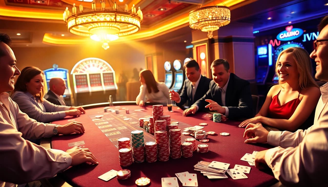 Action-packed casino scene illustrating tỷ lệ nhà cái with excited players at a gambling table.