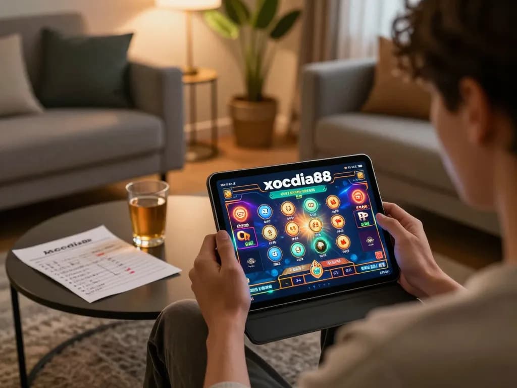Xocdia88 player enjoying an online game on a tablet in a cozy home setting, highlighting the excitement of digital gambling.