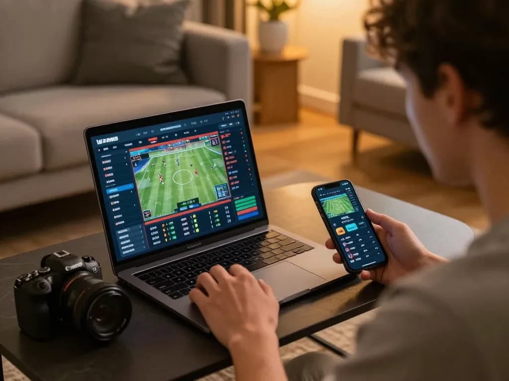 Engaging in strategic sports betting on GA888 using a laptop and smartphone in a cozy home setting.