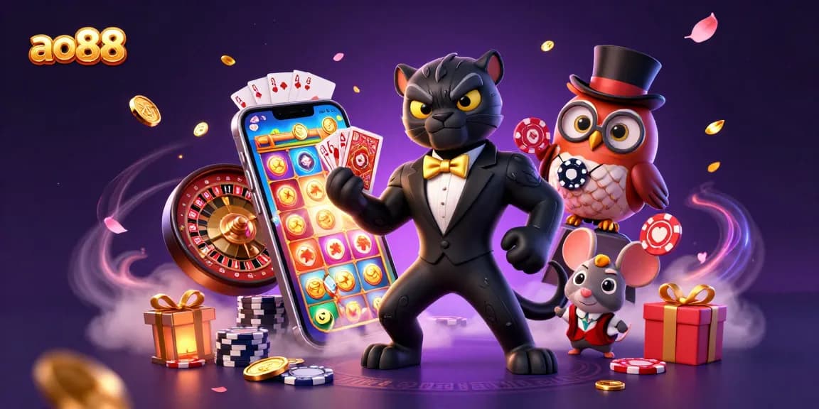 ao88 showcases a stylish panther dealer with cards, captivating players in a vibrant casino atmosphere.