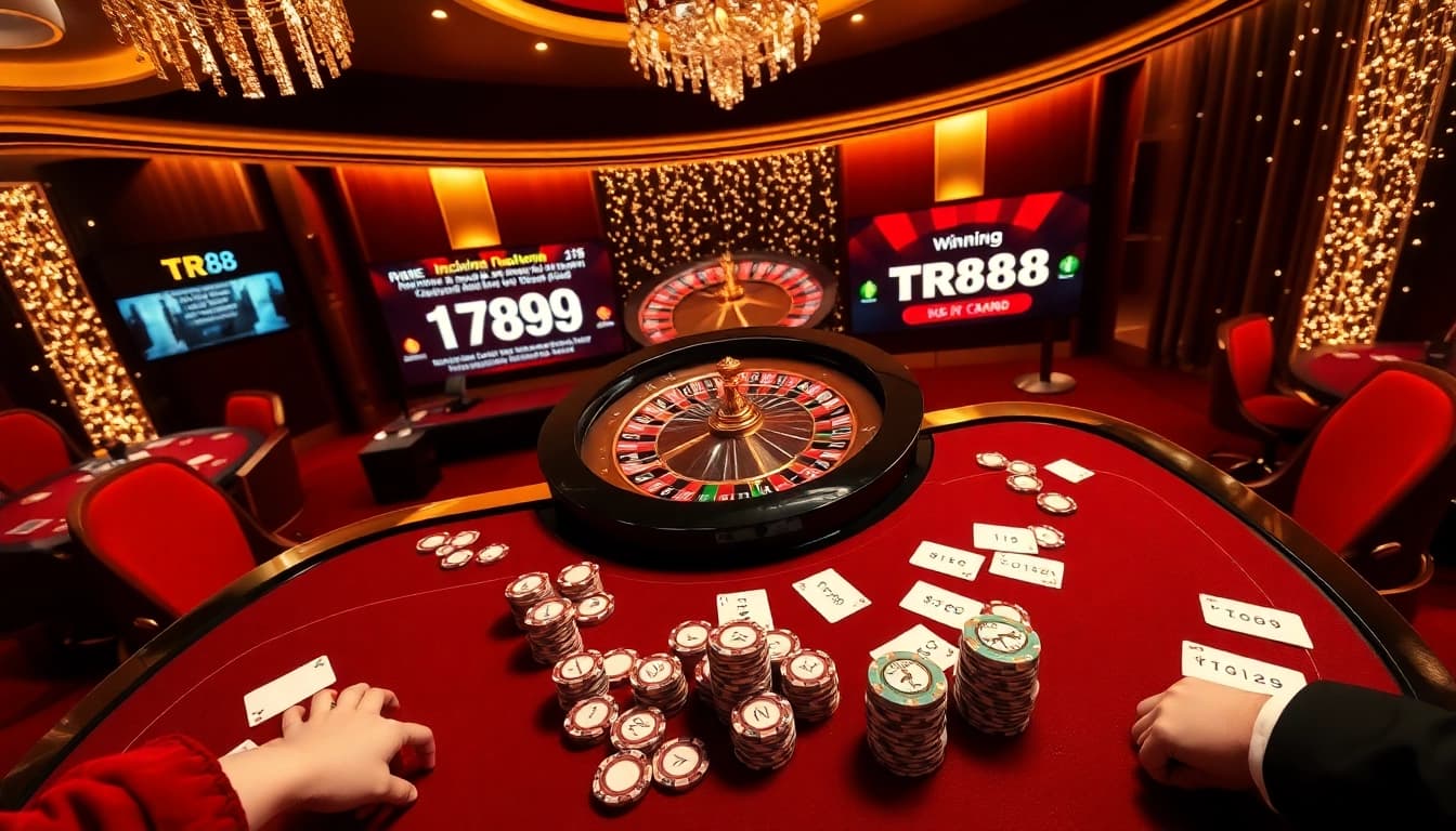 Experience the excitement of TR88 with players enjoying a glamorous casino scene, filled with poker chips and a roulette wheel.