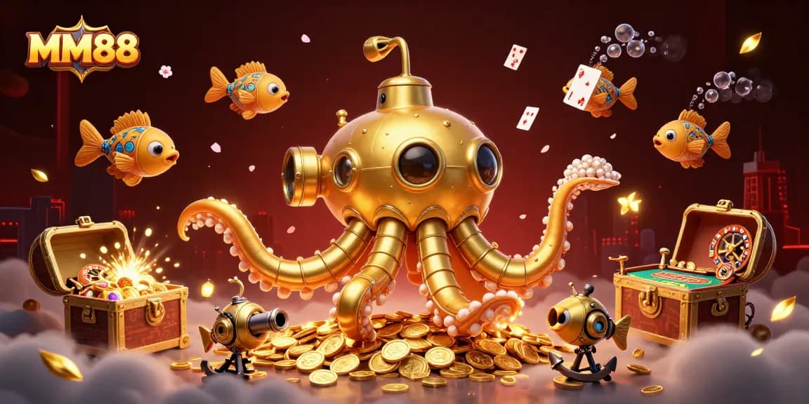 Experience exciting gameplay with MM88's golden kraken submarine amidst treasure and casino elements.