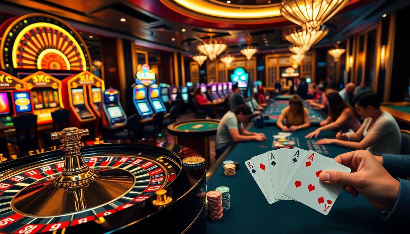 Experience the thrill of gaming at OPEN88 casino with vibrant roulette wheels and poker tables.
