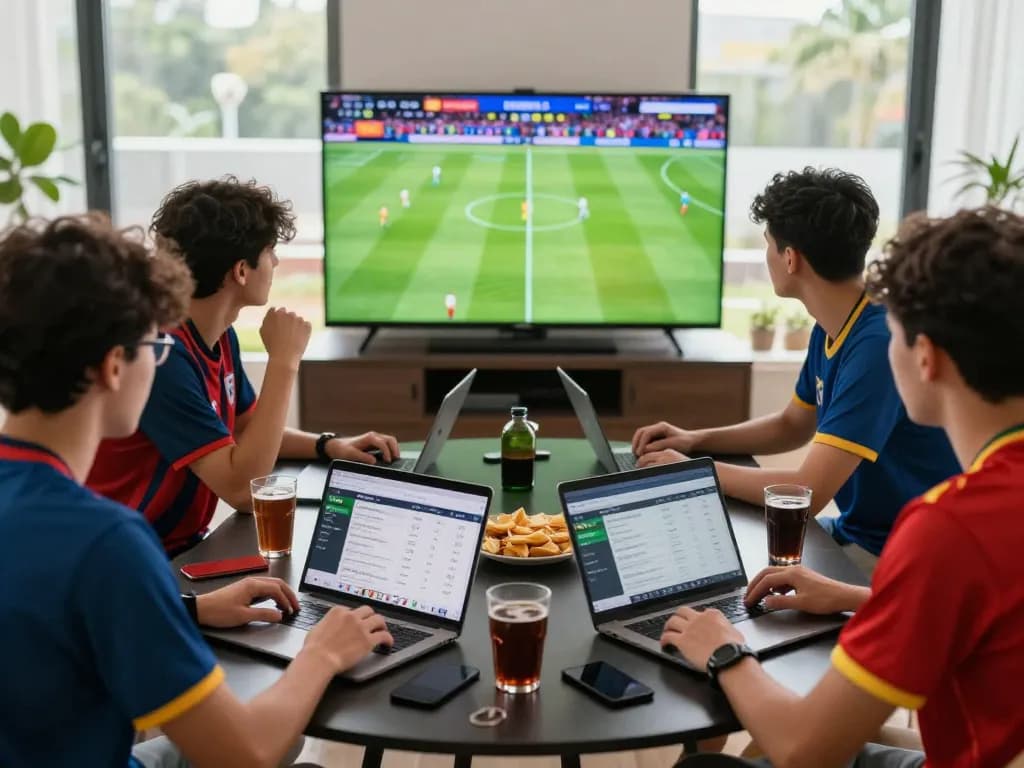 A group of football fans engaging with 1gom's quick betting links during a live match.