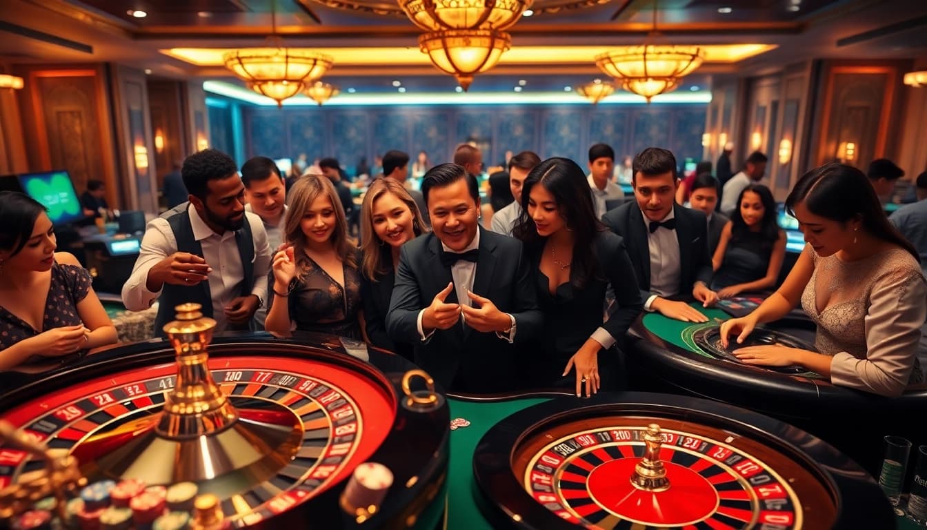 Engage in thrilling gameplay at https://nk88zz.bio/ showcasing vibrant casino tables and lively players enjoying games.