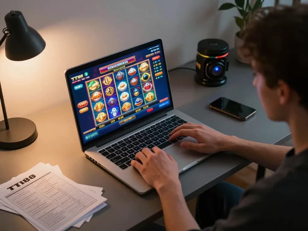 Engaging online TT88 casino gameplay on a laptop in a cozy home setting