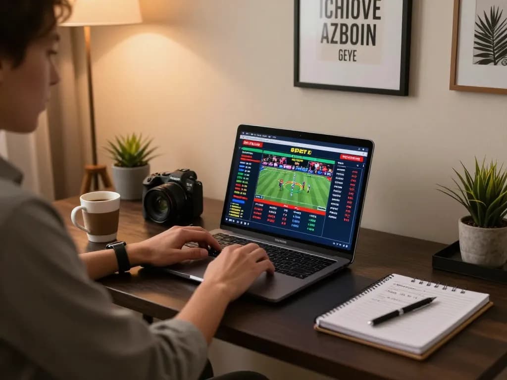 Engaging in sports betting on jun88 from a stylish home office, dynamic atmosphere.