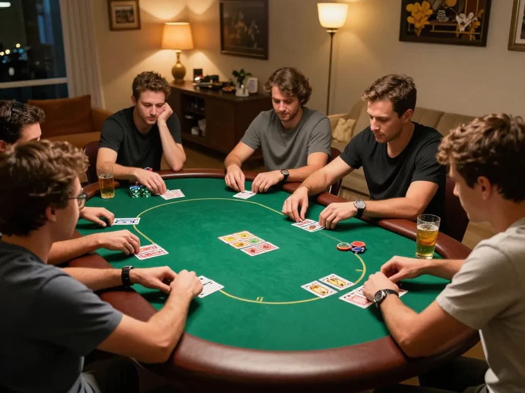 Players enjoying a competitive poker game with 8day atmosphere, cards and chips on the green felt table in cozy home setting.