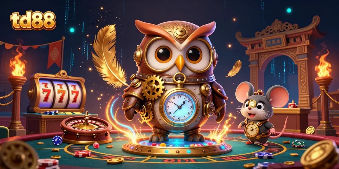 Spin the reels and win big at td88 with a vibrant casino-themed illustration featuring an owl in steampunk gear.