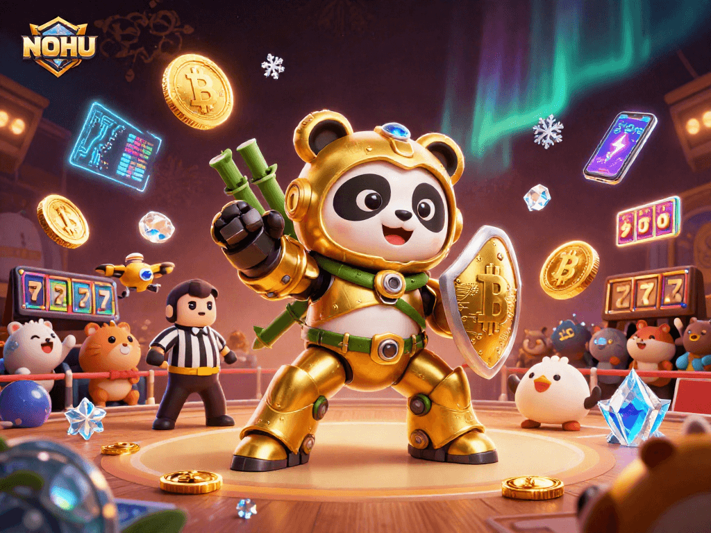 NOHU showcases thrilling slot action with a golden panda robot fighting in an animated casino arena.