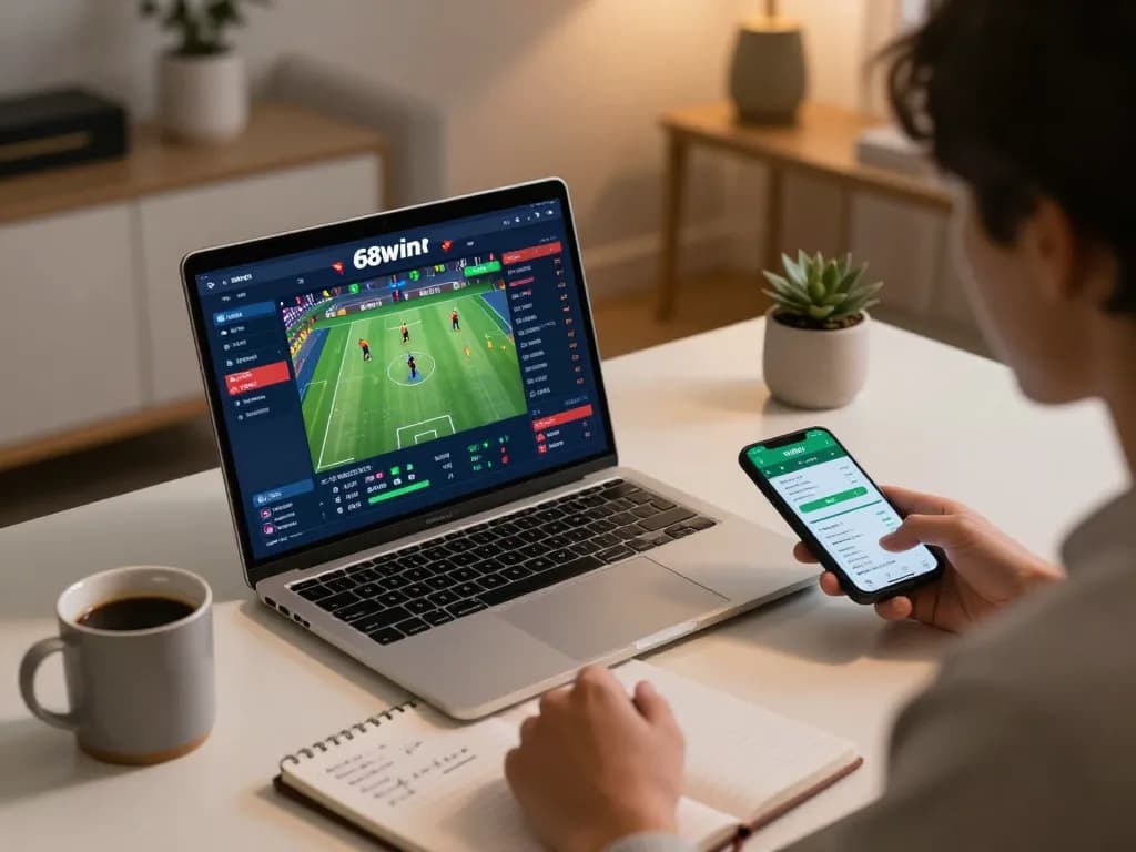 Engaging in 68win bet sports betting at home with live interface and strategic notes.