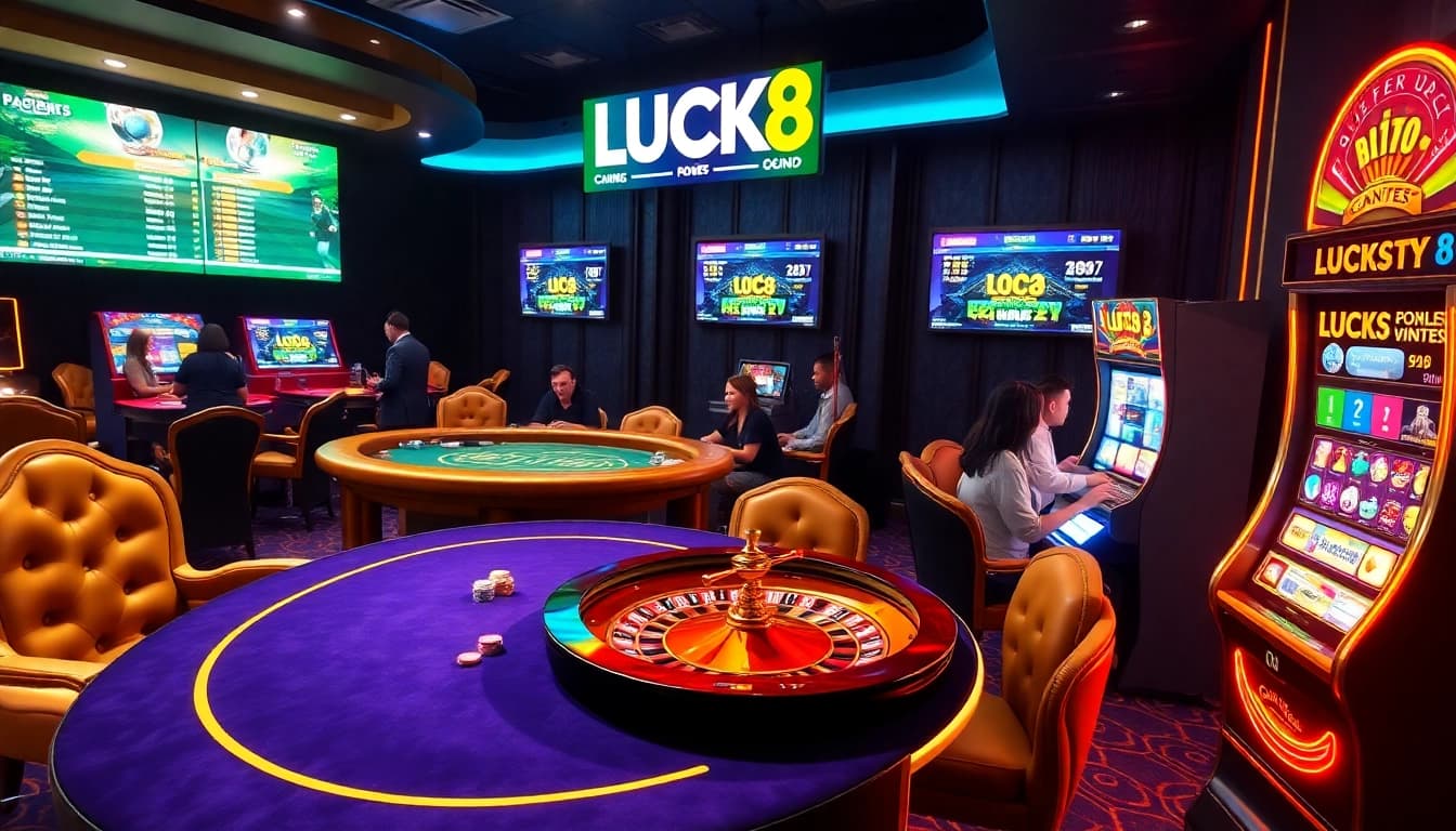 LUCK8 exciting online gambling scene with poker tables, roulette wheels, and vibrant slot machines.