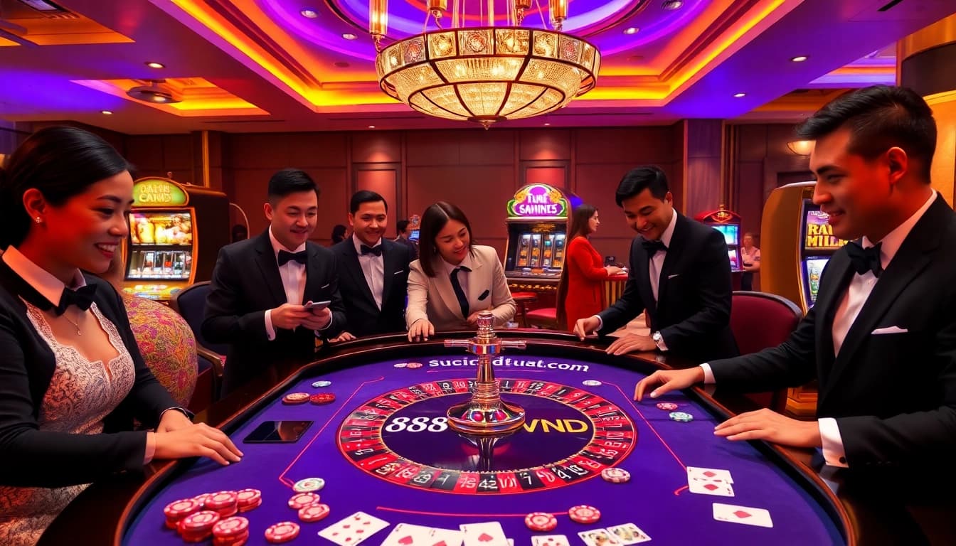 Players engaging in a thrilling roulette game at the 888VND casino, highlighting excitement and luxury.