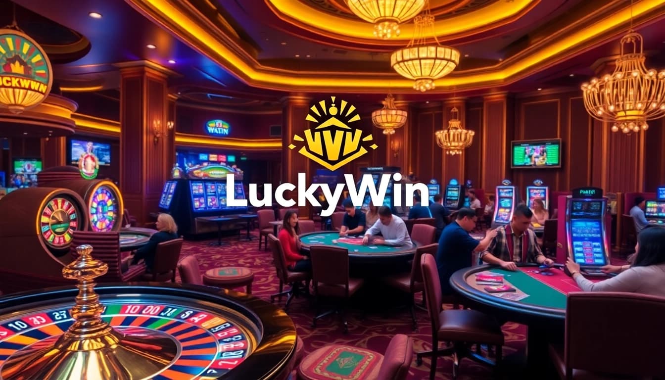 Players enjoying their time at the LuckyWin casino with vibrant gaming tables and slot machines.