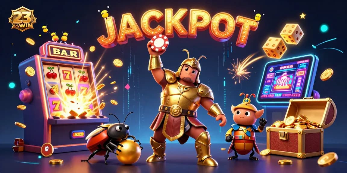 Experience thrilling wins at 23WIN with a vibrant scene of jackpot excitement and winning strategies.