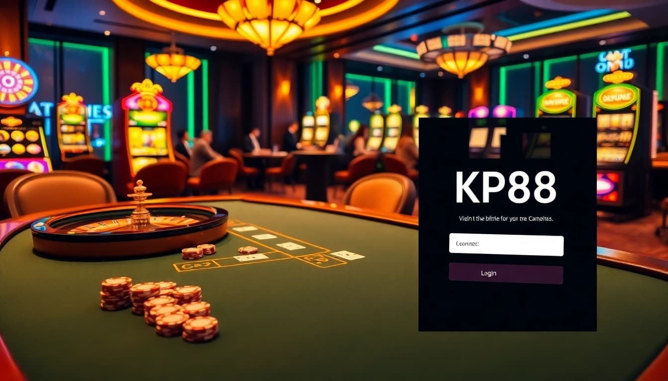 Engaging casino scene depicting the login process at KP88, showcasing vibrant gaming elements.