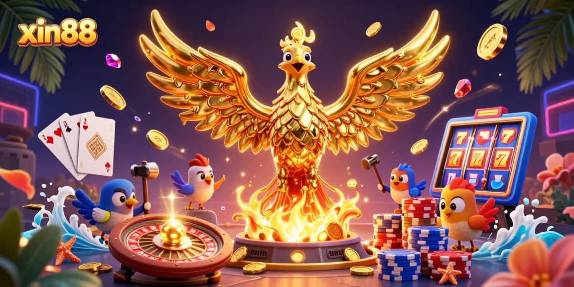 Experience the thrill of betting at xin88 with a captivating 3D illustration of gold coins and casino games.