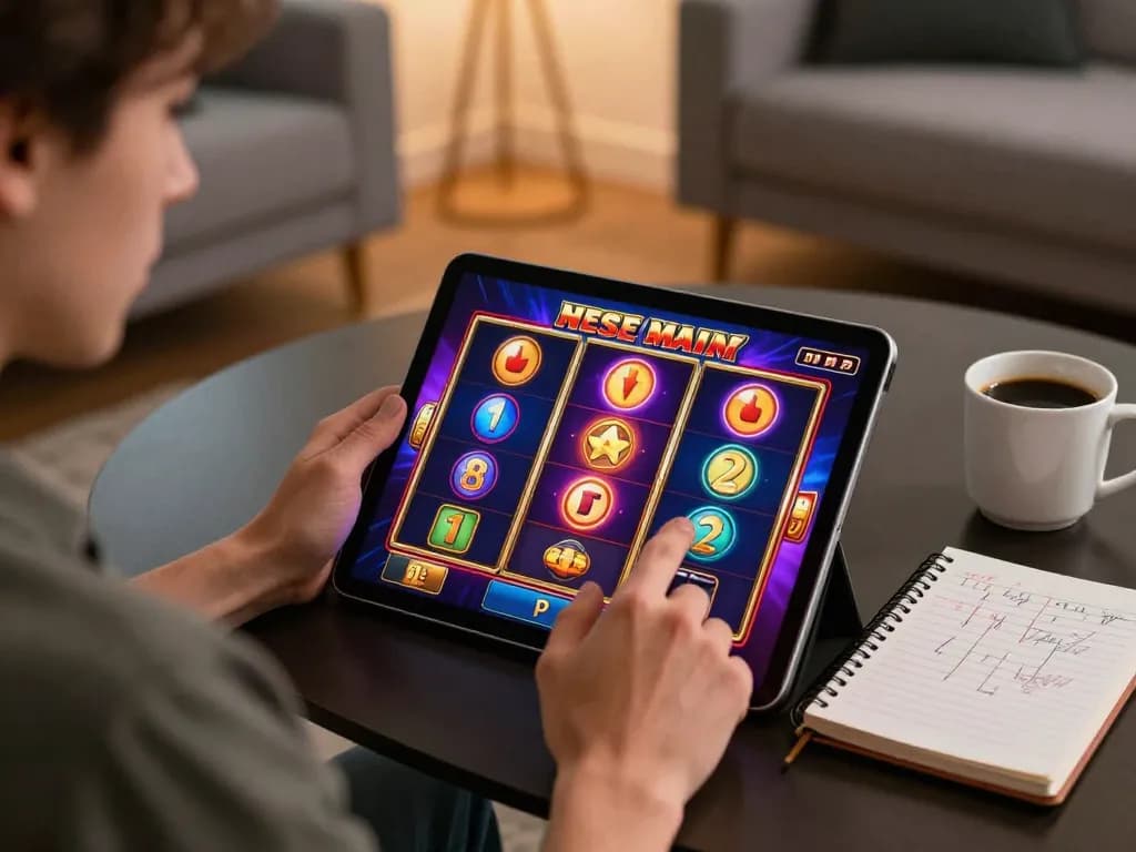 Engaged player exploring Nk88 link through exciting slot game interface on tablet in cozy home setting.