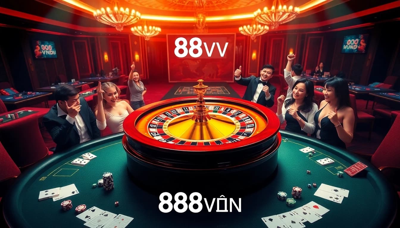 Excited players enjoying high-stakes games at 888VND casino, focused on a roulette wheel.