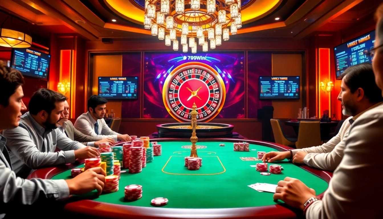 Players strategizing at a poker table in 789Win's luxurious casino atmosphere.