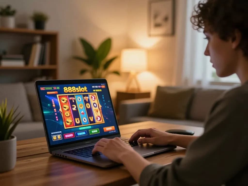 Playing an exciting 888slot game on a laptop in a cozy living room, showcasing modern gaming