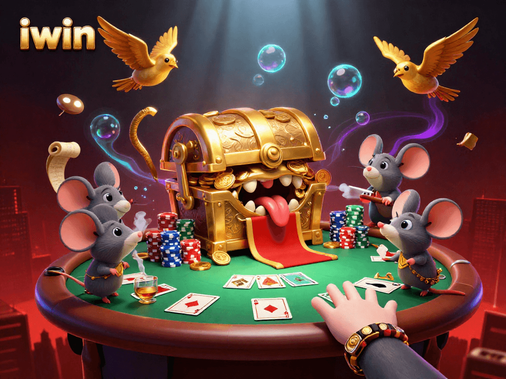 Engage in thrilling gameplay at iwin with a vivid casino scene featuring poker elements and rich details.
