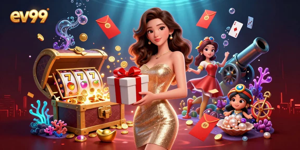 ev99 showcases a vibrant Lunar New Year themed casino scene with slots, golden coins, and festive elements.