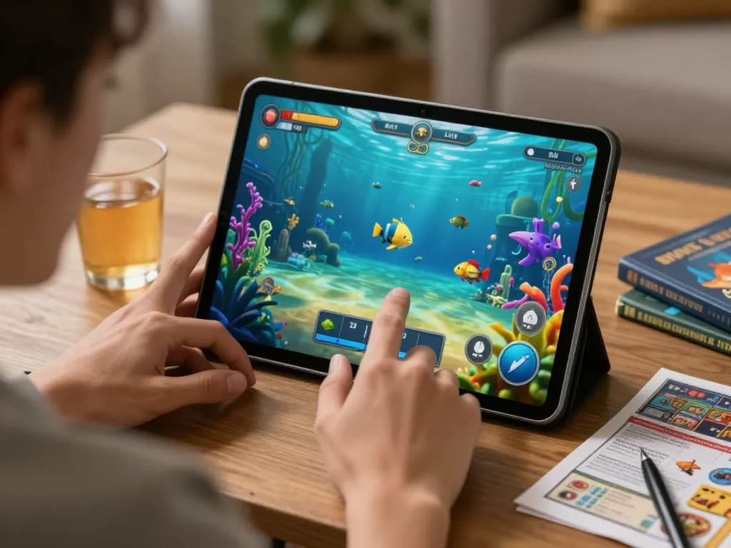 Engaging in intense gameplay on 789winpen's tablet with lively underwater visuals