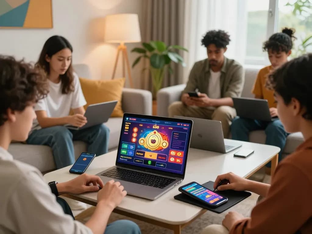 Engaging scene of players enjoying đánh đề online in a cozy living room, showcasing vibrant gaming interfaces and accessories.