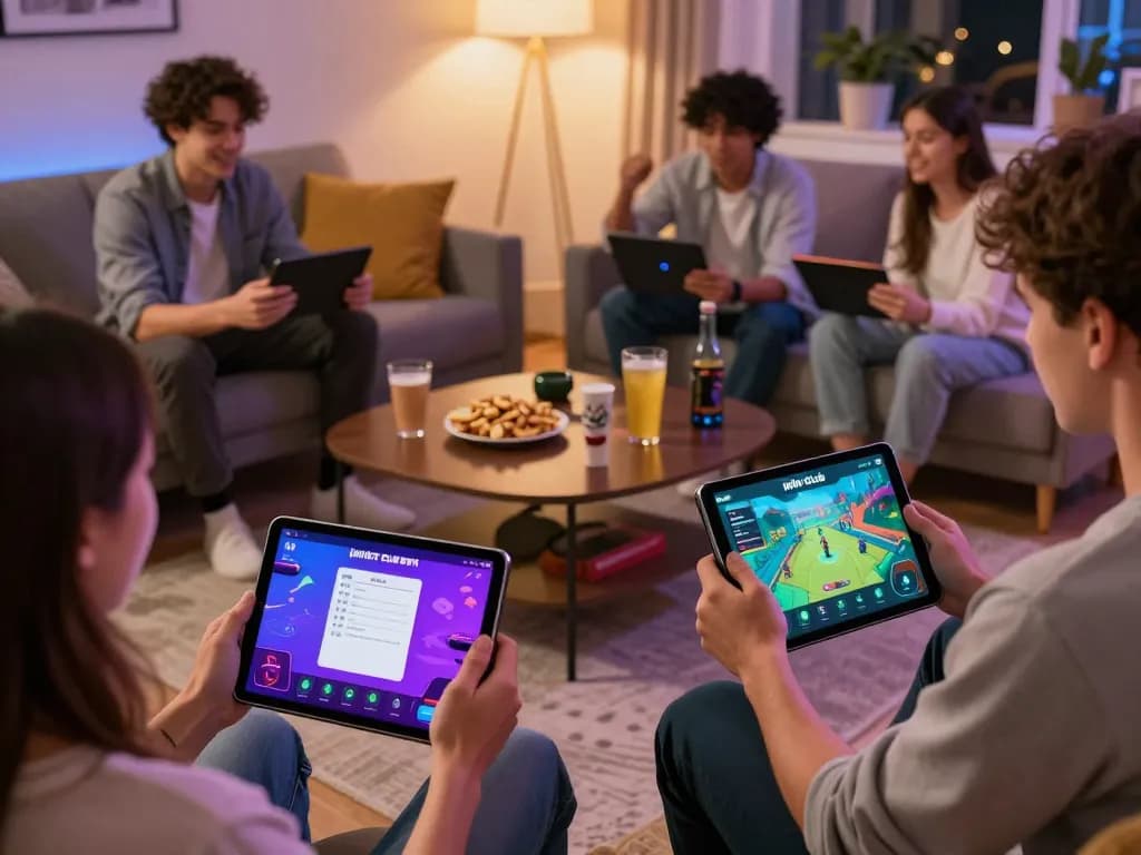 Players enjoying iwin club mobile gaming during a lively home session with cozy ambiance.