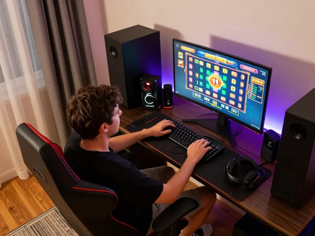 The experience of online gaming at https://da88at.com/ showcasing a user engaged in a vibrant slot game with stylish accessories.