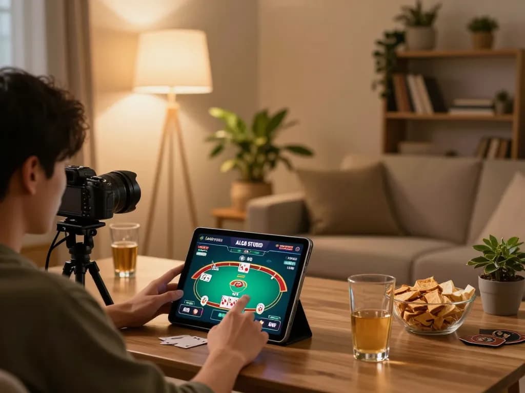 Player enjoying online poker at ALO8 STUDIO on a tablet in a cozy living room setting.
