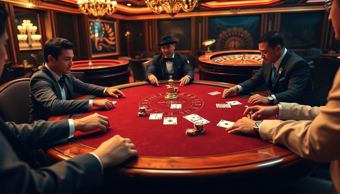 Experience elite gambling action at https://k789p.top/ with a lively poker table surrounded by players.