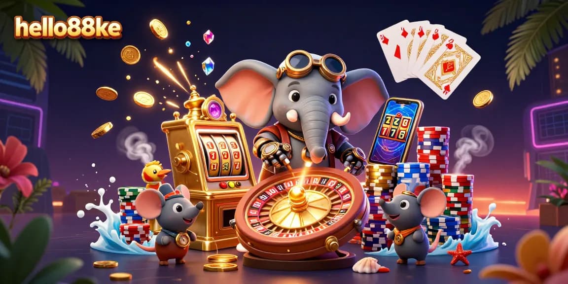 Spin the reels of hello88ke with an enchanting steampunk elephant alongside vibrant casino elements.