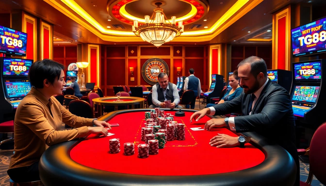 Experience thrilling poker gameplay at tg88 casino with vibrant chips and roulette excitement.