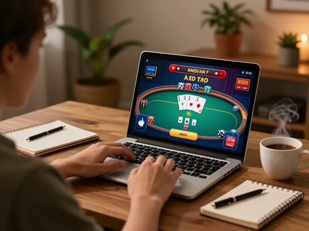 Player engages in poker on Jun88's online casino interface, with cozy gaming setup and strategic notes.