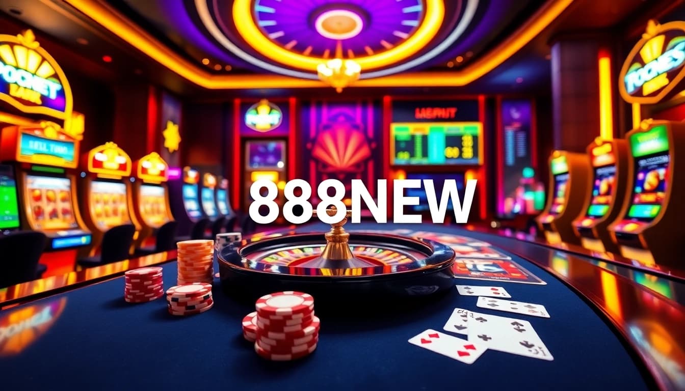 Experience luxury and excitement at 888NEW casino with vibrant poker chips and roulette wheel.