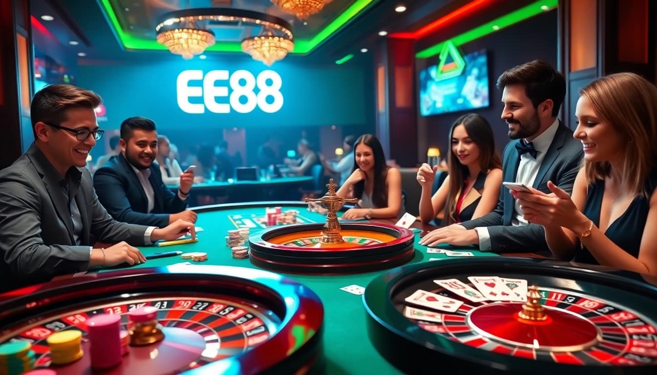 Players engaging in exciting gambling activities at EE88 casino with vibrant lights and tables.