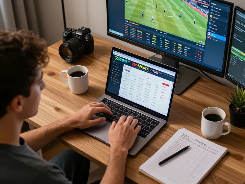 Engaging home setup for sports betting on 7M with live odds and strategy notes visible.