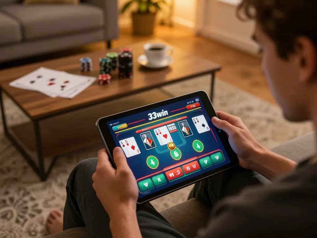 Engaging with the 33win app on a tablet for a vibrant online gaming experience in a cozy setting.