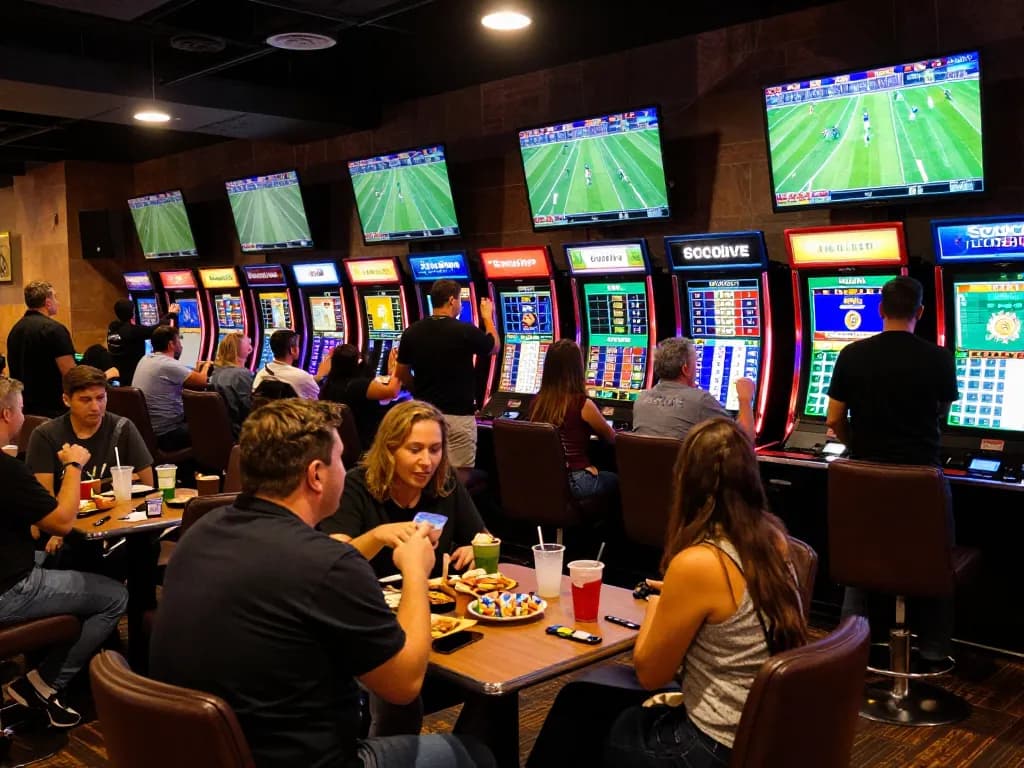 Socolive sports enthusiasts eagerly placing bets in a lively casino lounge