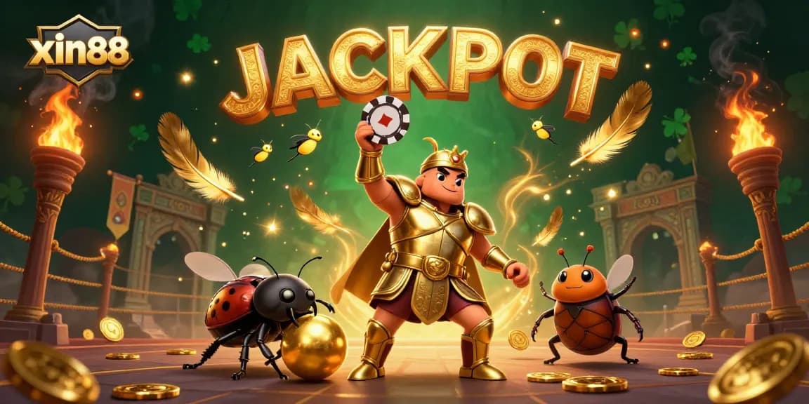 Experience the excitement of xin88 with a vibrant casino scene featuring heroic beetle characters celebrating a jackpot victory.