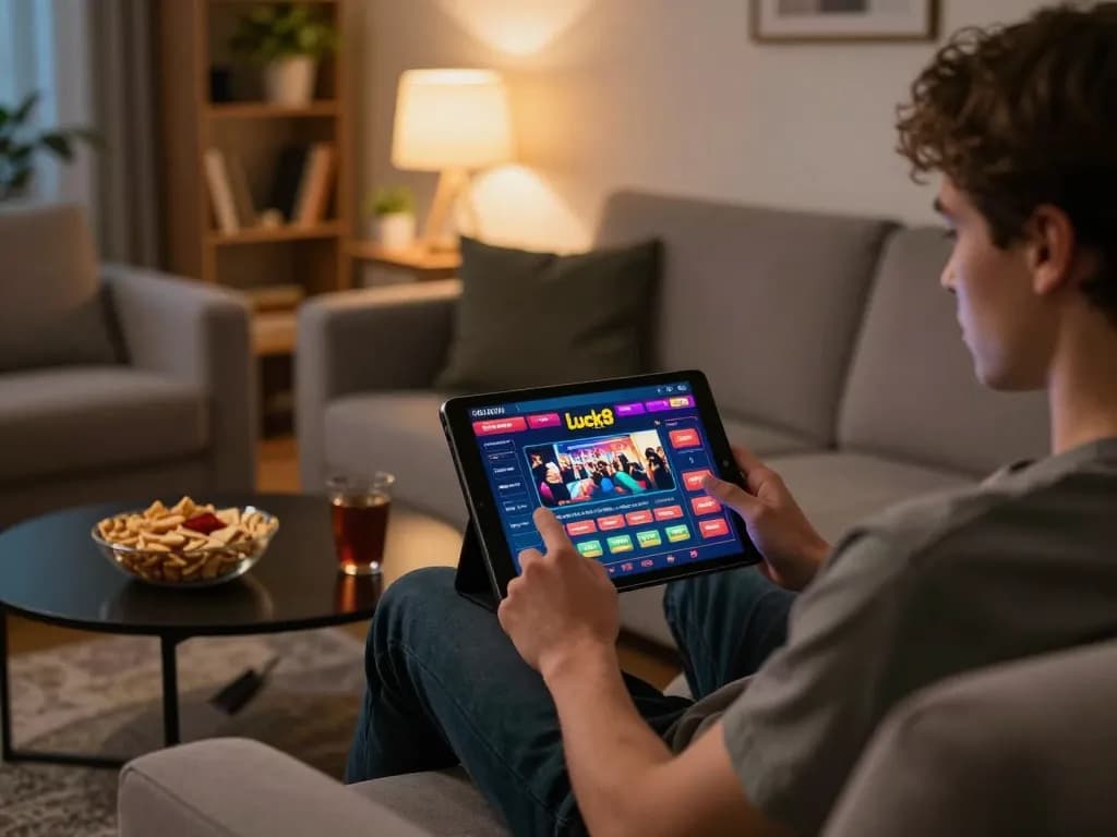 Engaging in a luck8 bet on a tablet in a cozy home gaming setup, showcasing online casino interaction.